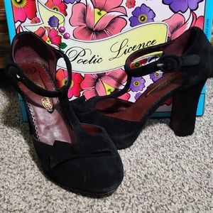 Poetic License suede black T-strap heels.
